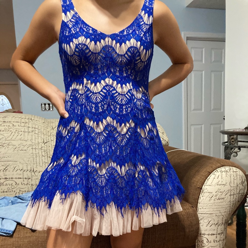 Blue and Cream Formal Lace Dress